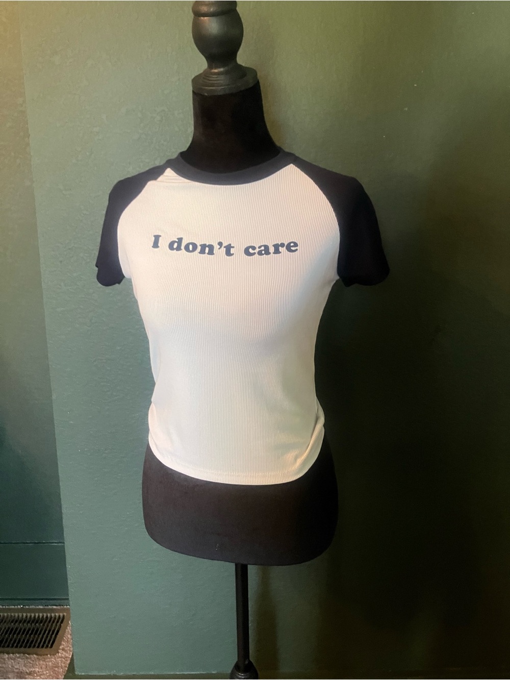 Vintage baby tee 'I don't care' Graphic Tee - White with Blue Sleeves